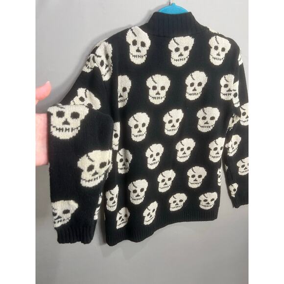 Skull Cardigan Black White Somfort Cozy Y2K Emo Goth Grunge Whimsy Rock Sz L - Picture 8 of 14